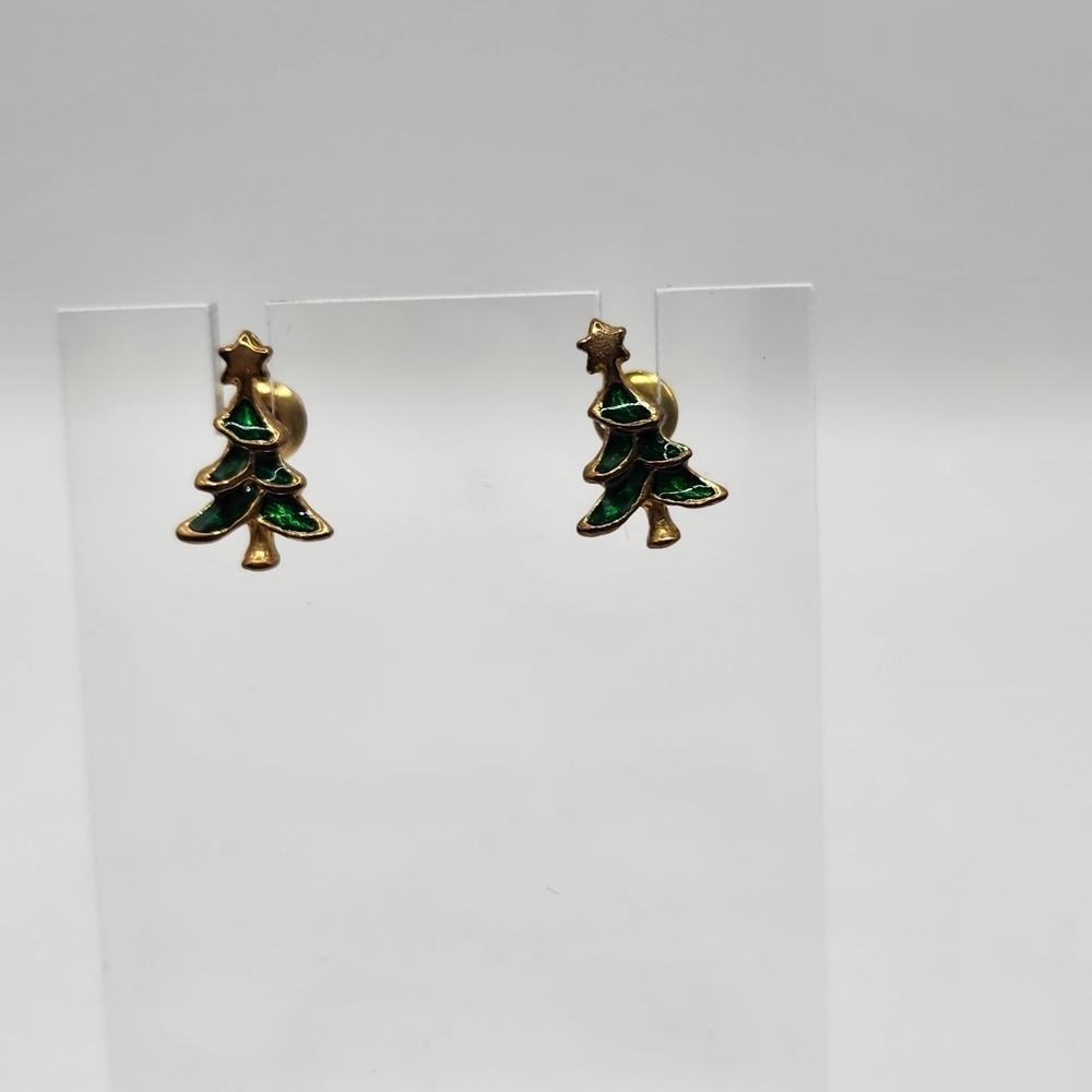 Christmas Tree Earrings Green & Gold Pierced - Picture 3 of 6